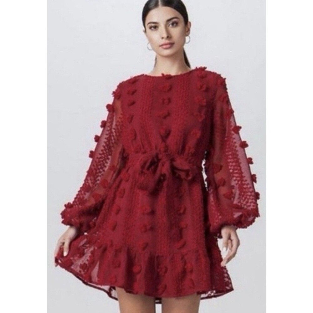 A.Calin Flying Tomato Red Pom Pom Dress Size L Large Long Sleeve Fit & Flare